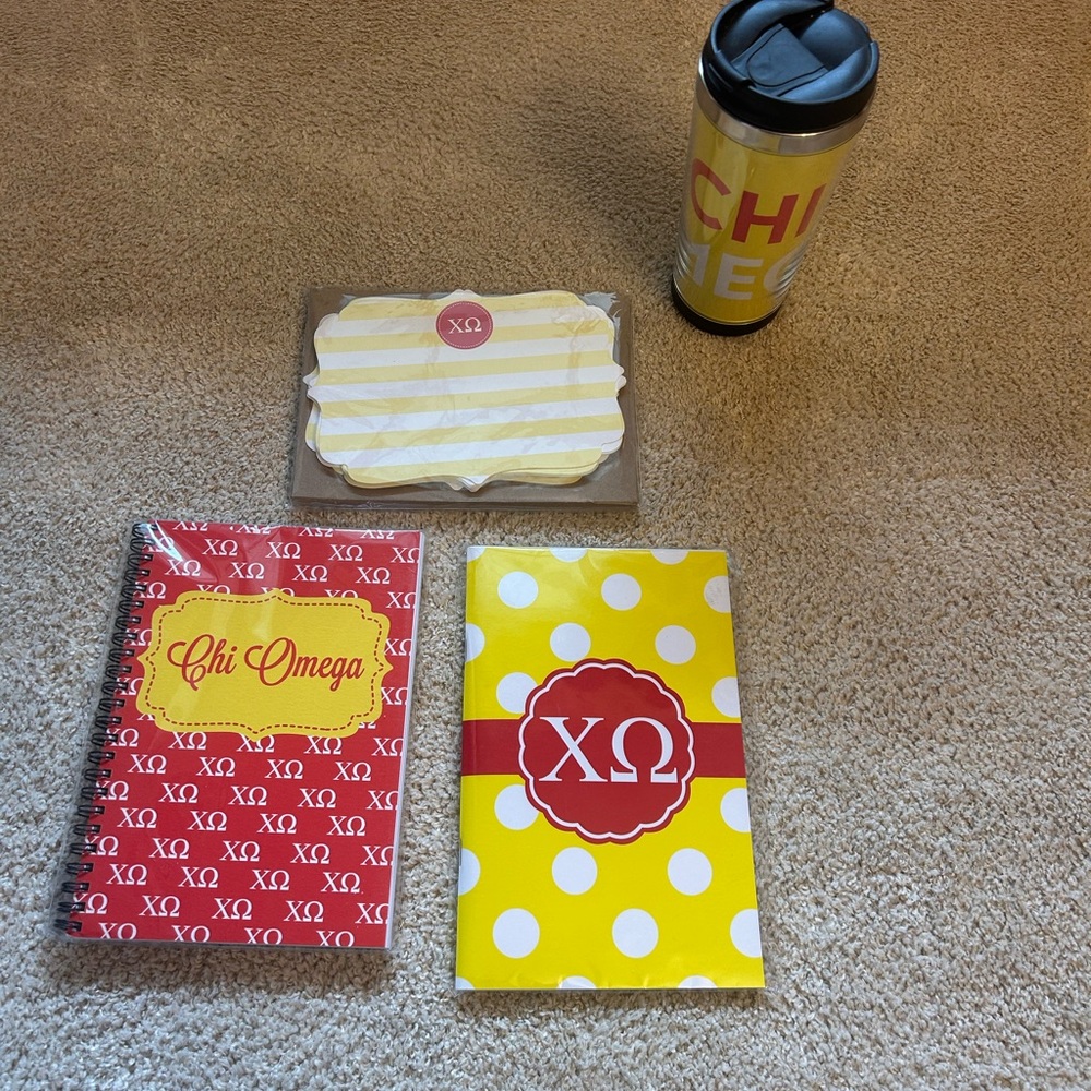 Chi Omega tumbler, notebooks and note cards-New with tags